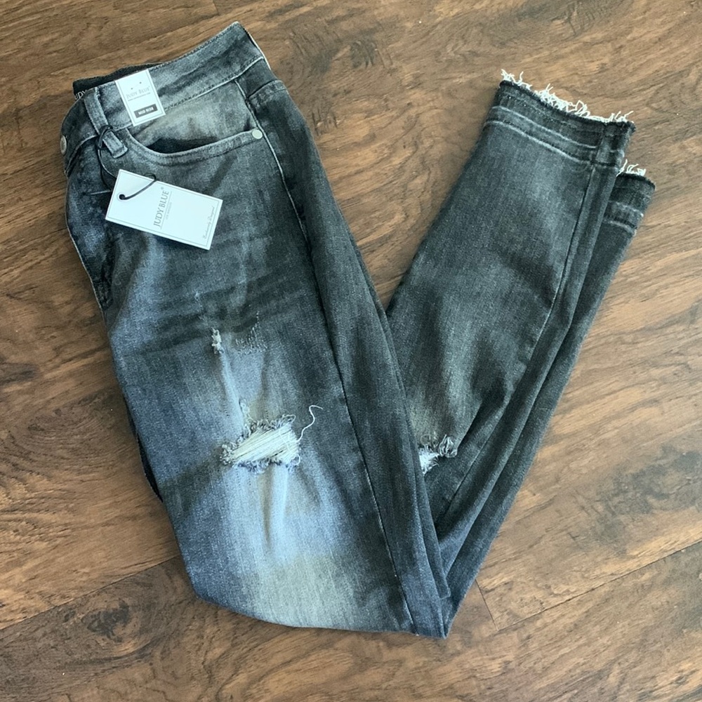 Judy Blue Mid Rise Grey Distressed Raw Hem Jeans